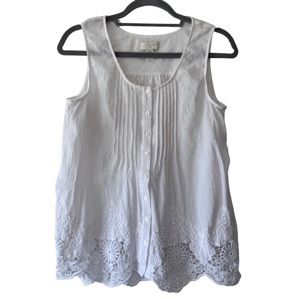 St. Tropez 100% Cotton White Sleeveless Eyelet Trim Top Size M